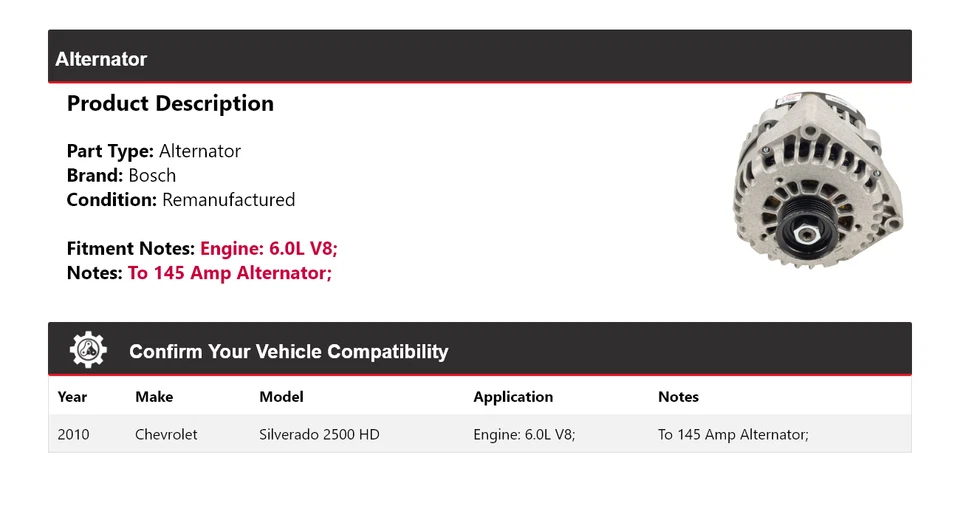 For 2010 Chevrolet Silverado 2500 HD 6.0L V8 Bosch Alternator (Remanufactured) - Image 2 of 4
