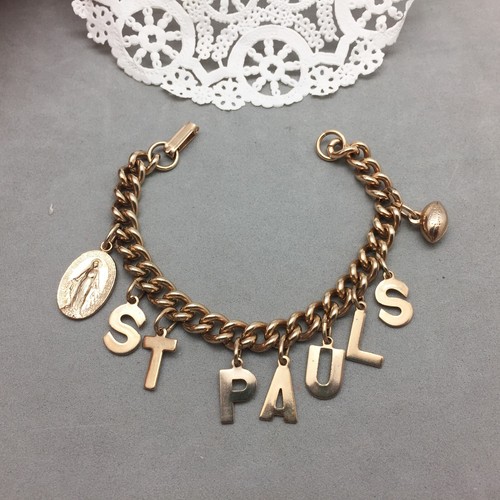 St Pauls Football Charm Bracelet Gold Tone Letters Holy Metal Vintage 7.25"