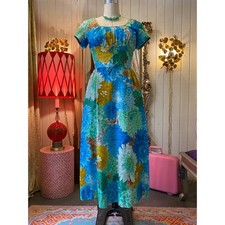 vintage 1960s hawaiian maxi dress, sun fashion, tiki print, aqua floral, mod, sm