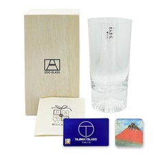 Tajima Glass Mt Fuji Tumbler 13.5oz Edo Glass Wooden Box Coaster Japan