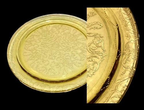 Vintage Federal or Indian Glass Madrid Pattern? Amber Yellow Round Cake Plate.