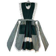 Green White Striped Bib Apron Eyelet Lace Ruffle Pockets Cottagecore Prairie