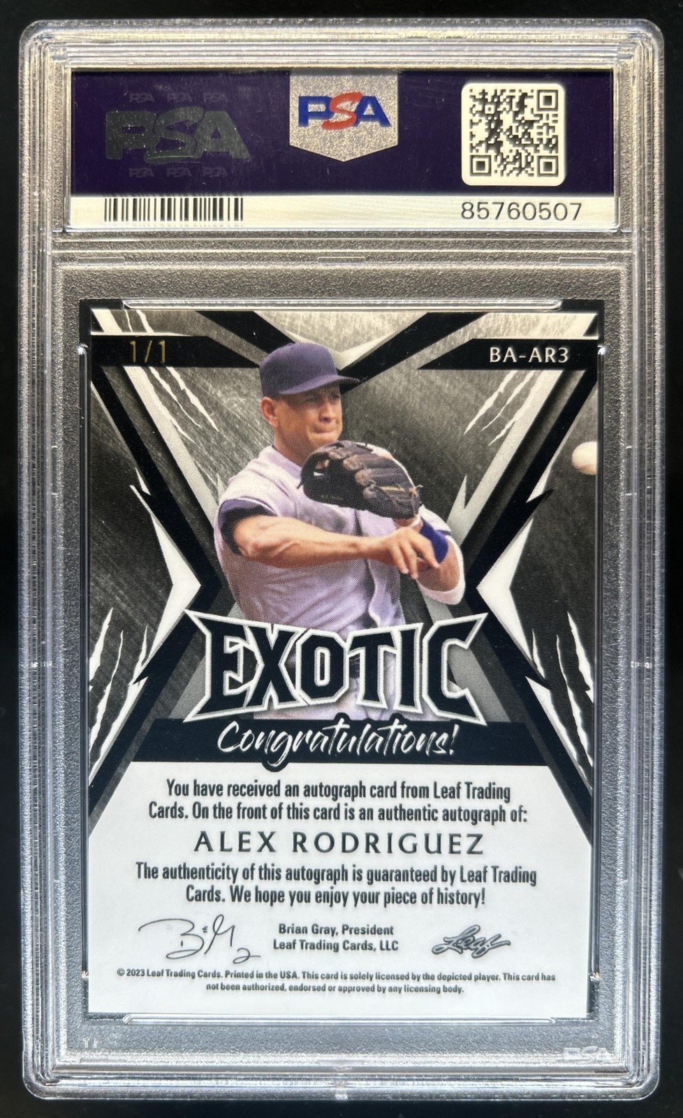 2023 Leaf Exotic Alex Rodriguez Auto Autograph Wave Giraffe #1/1 PSA 7 view 2