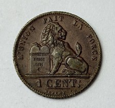1912 BELGIUM King Albert I w Lion & Constitution Genuine Copper Centime Coin 766