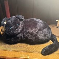 Vintage Russ Berrie Black Cat Plush Lying Loaf 1980s Blue Eyes Medium Korea