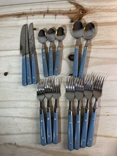 Riveted Baby Blue Handle Stainless Flatware Taiwan 15 Piece Fork Knife Spoon