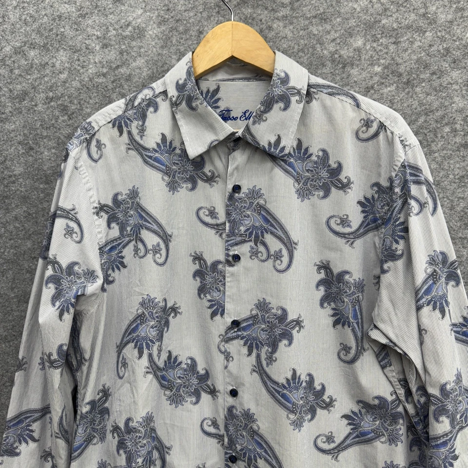 Camisa de vestir para hombre Tasso Elba abotonada 100 % algodón azul floral talla XL, 17-17,5 Foto 2 de 4