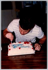 Vtg Color Snapshot Young Man Leaning Over Birthday Cake With Cherries 1990s