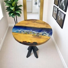 12" Round Ocean Wave Wooden Epoxy Resin Coffee Table Top Handmade Side Table Top