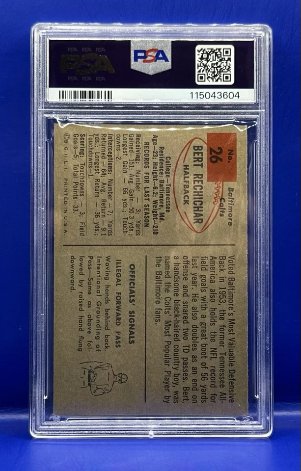 1954 BOWMAN #26 BERT RECHICHAR PSA 7 NM BALTIMORE COLTS TENNESSEE U - Image 2 of 2