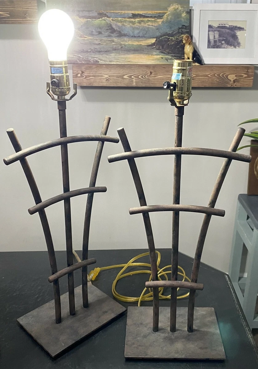 Table Lamp Pair Metal Iron Trellis Rusted Rustic Farmhouse Garden