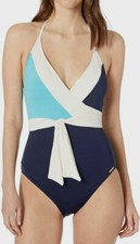  248 Vince Camuto Women's Blue Beige Colorblock Wrap Halter One Piece Swimsuit 6