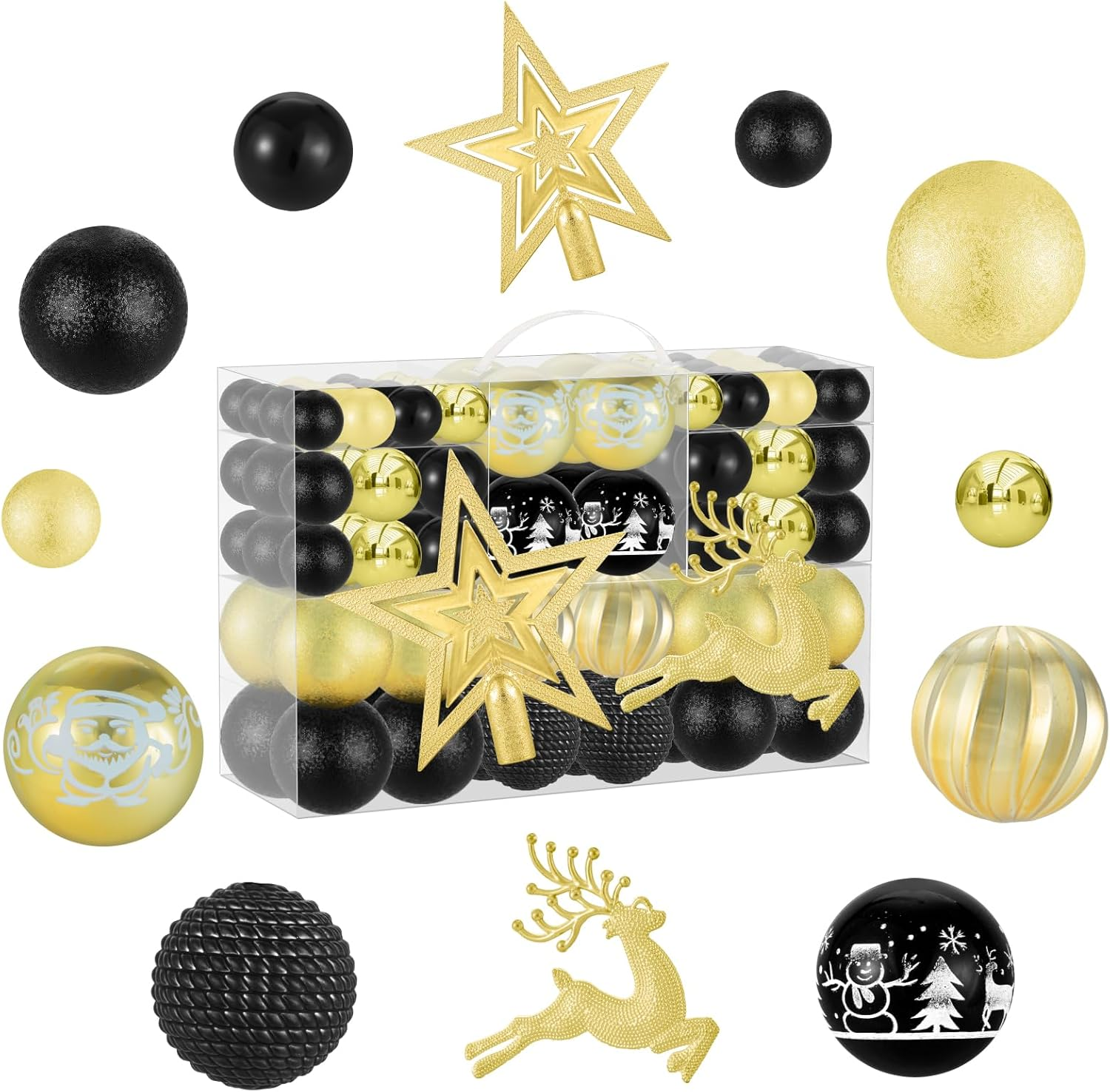 102PCS Black and Gold Christmas Ornaments,Assorted Plastic Shatterproof Christma