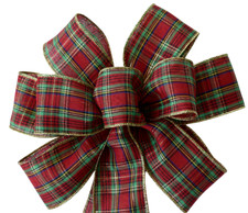 10" Hand Made Red, Gold  Green Plaid Wired Bow - Christmas Wreath Holiday