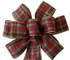 10" Hand Made Red, Gold & Green Plaid Wired Bow - Christmas Wreath Holiday
