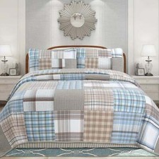 NEW COZY COUNTRY BROWN GREY LIGHT BLUE BEIGE PLAID PATCHWORK LODGE QUILT SET