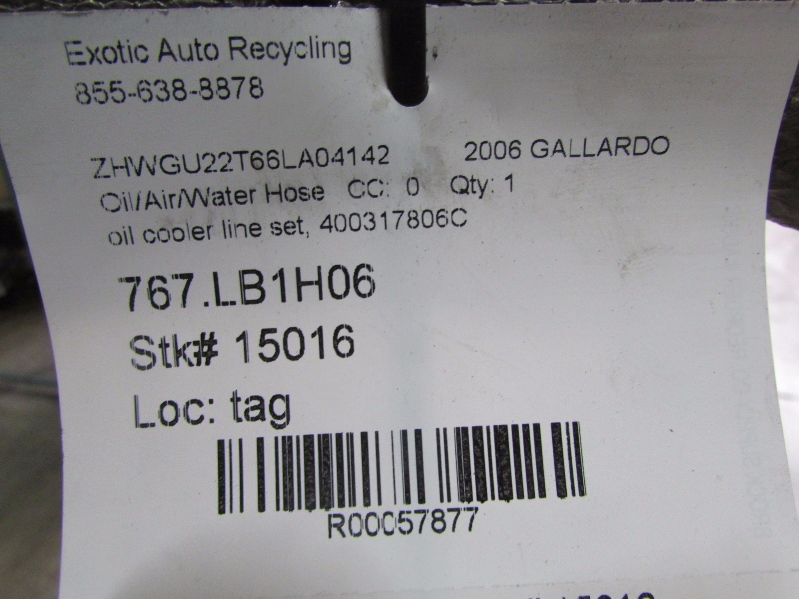 Lamborghini Gallardo Coupe, Spyder, Oil Cooler Line Set, Used, P/N 400317806C