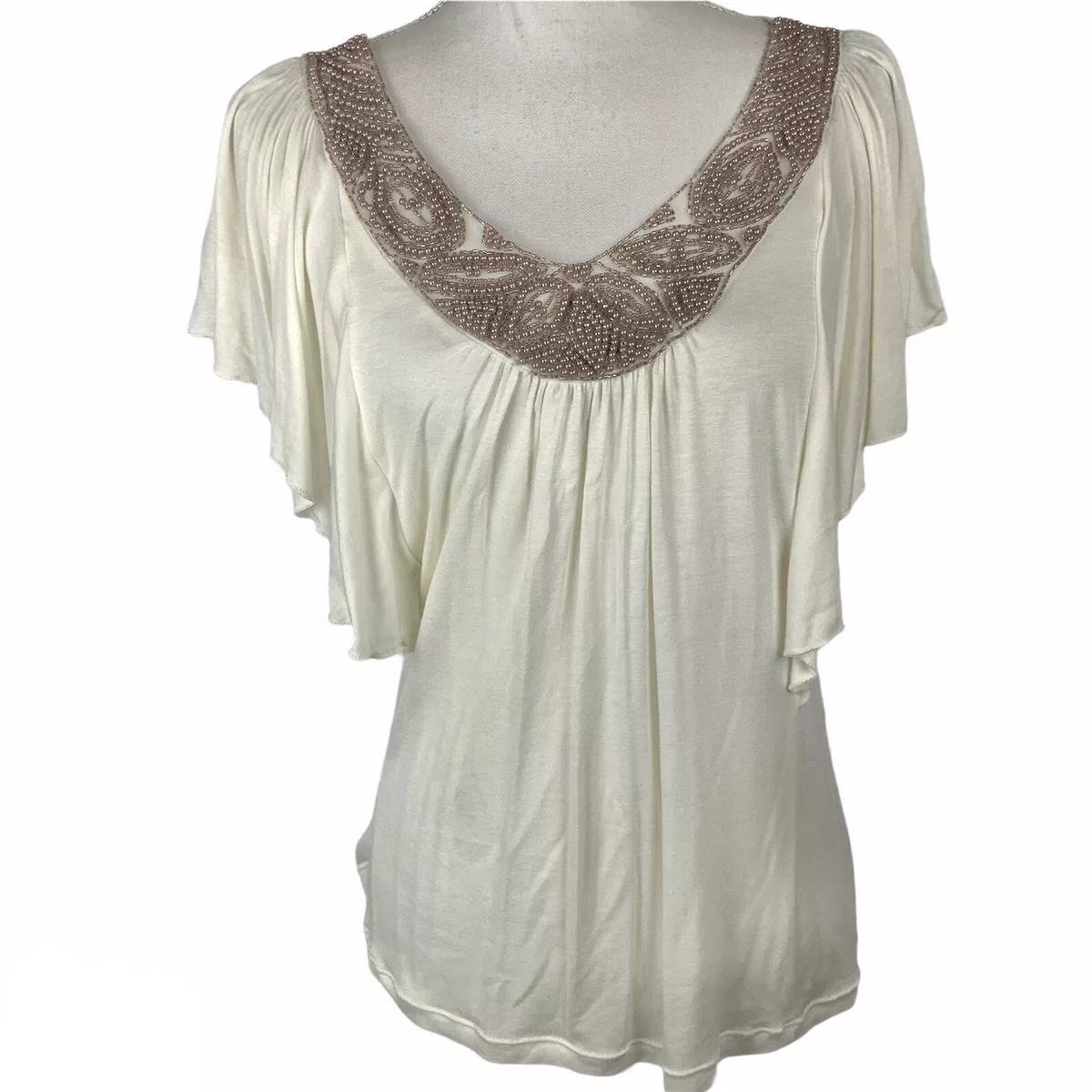 Soma Women's Top Sz Small Ivory Beaded Draped Blouse Short Sleeves