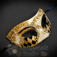 Mens Diamond Pattern Half Face Eye Mask Venetian Masquerade Mask [Gold]