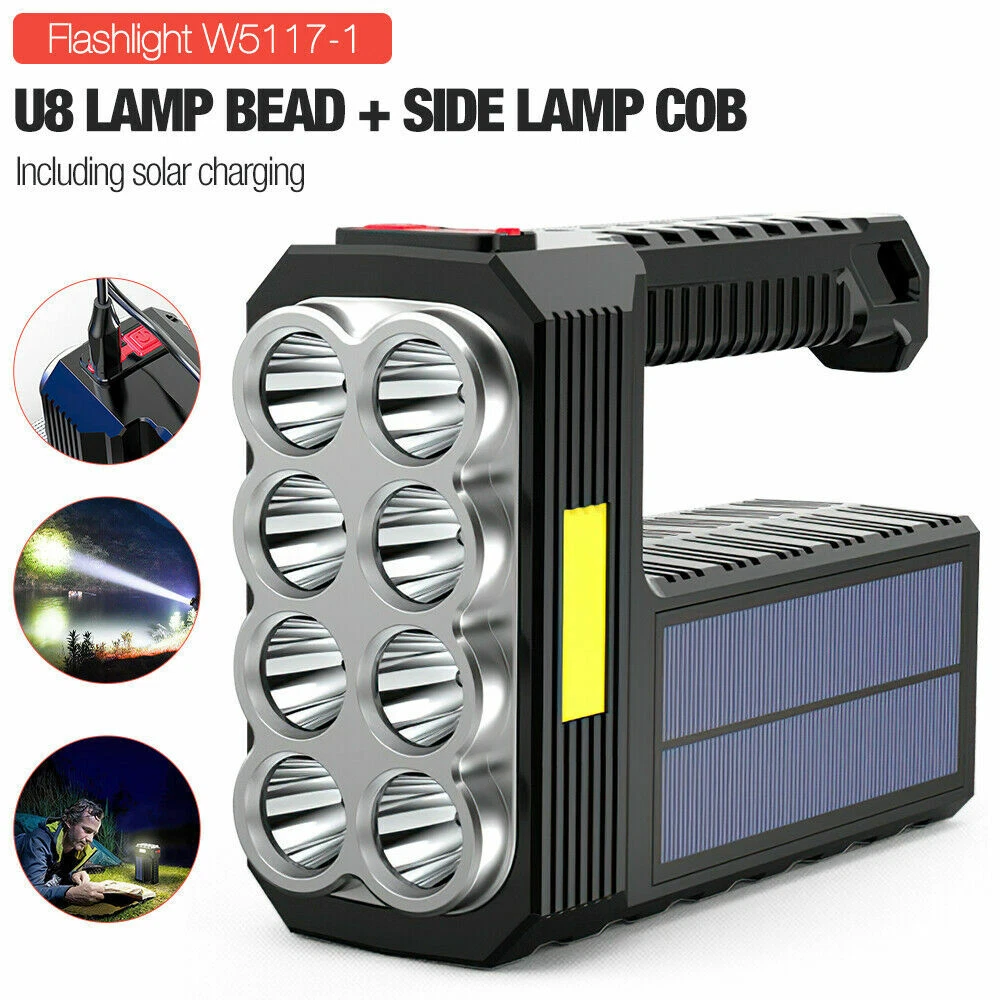 Proyector LED Solar Foco USB Recargable Antorcha de Mano Luz Camping Lámpara