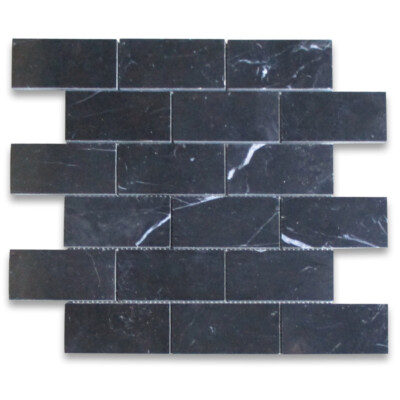N64XP Nero Marquina Black Marble 2x4 Brick Subway Mosaic Tile Polished