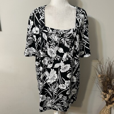 Liz &Me Essentials Women Black White Floral Tropical Short Sleeve Shirt Tunic 2X