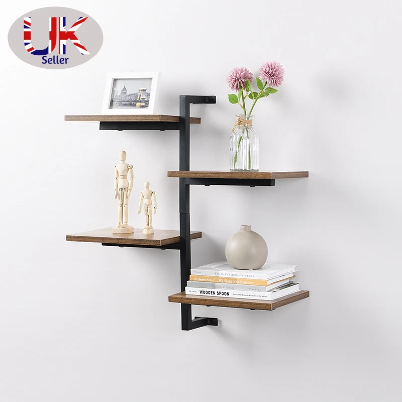 4 Tier Vertical Black Floating Decor Shelves MDF Wood Rustic Shelf Metal Wire