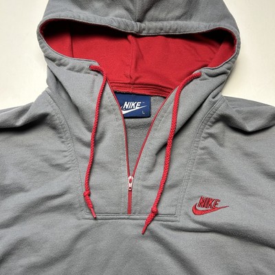 Vintage 80s Nike Quarter Zip Hoodie Sweatshirt Gray Red Pullover Blue Tag Sz M eBay