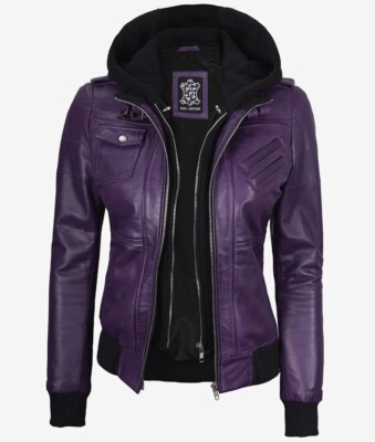 Women's New Removable Hood Moto Racer Biker Real Sheepskin Purple Leather Jacket