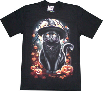 T-Shirt, schwarzes Shirt, Shirts, schwarze Katze Hexenhut Halloween -  Gr. XL