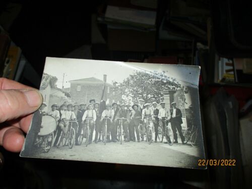 Antique Early 20th Race of a Group of Cyclists Photo Card and Antique Bike  - Picture 1 of 2