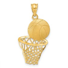 Real 14kt Yellow Gold Satin Diamond-Cut Basketball and Net Pendant