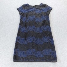 Ann Taylor LOFT Dress 6 Black Blue Lace Lined Knee Length Tie Back Short Sleeve