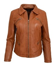 New Soft Tan Leather Jacket For Womens Fitted Collared Latest Zip Up Biker Style