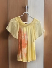 GUESS by Marciano Women’s Off Shoulder Sheer Blouse Yellow Floral 100% Silk XS