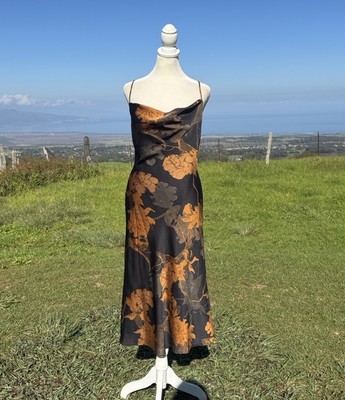 NWT Aakaa Mystic Blooms Anthropologie Black Floral Cowl neck Slip Midi Dress M