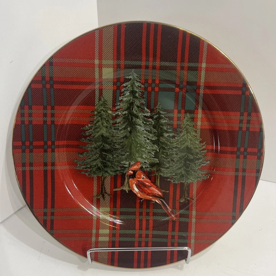 4 Pottery Barn Aspen Plaid Salad Plates Cardinal,Fox,Doe, Stag, Red Gold Forest - Image 3 of 4