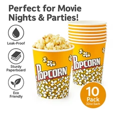 Popcorn Buckets 32Oz Disposable Paper Bowls Retro Movie Night Party Cups 10 Pack