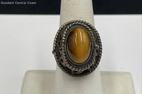 925 Silver Vintage Locket Ring W/ Tiger's Eye