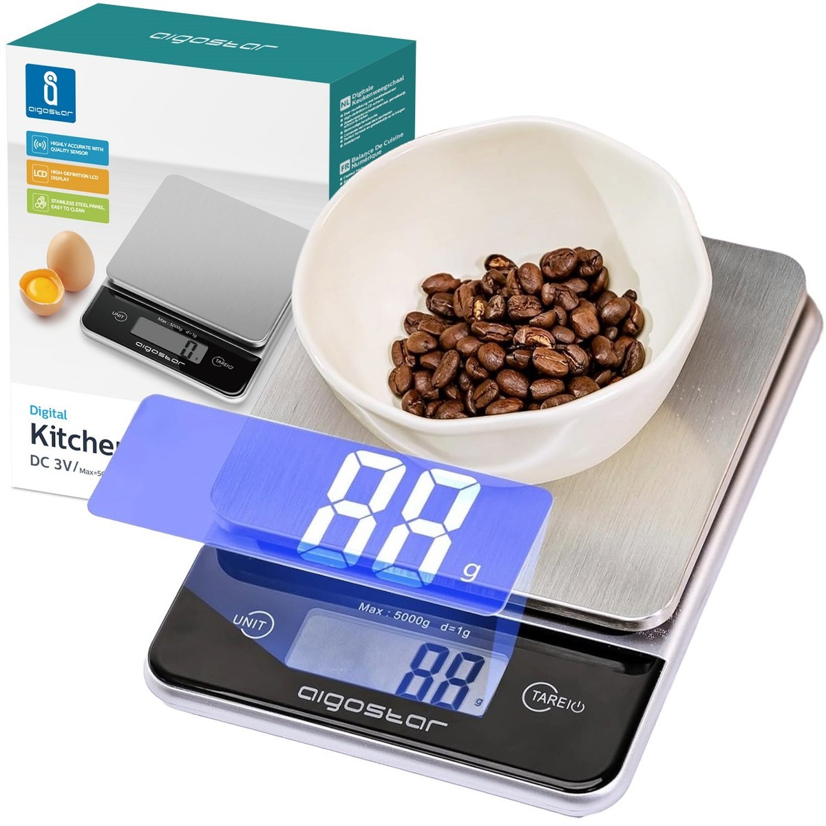Aigostar Brooke Bilancia Da Cucina Digitale 5kg – Acciaio Inox 304, Funzione Tara, Display LCD E Spegnimento Automatico