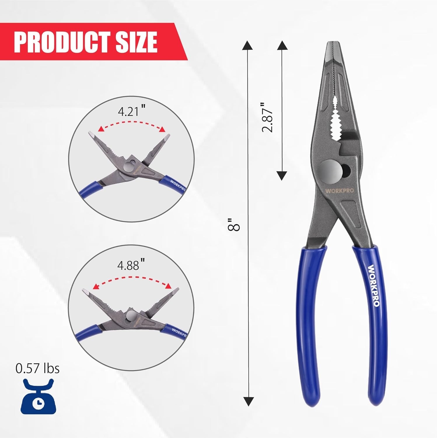 WORKPRO 8" Long Nose Slip Joint Pliers with Comfortable Grip & Serrated Jaw