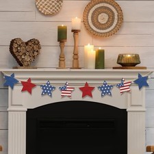 4th of July Patriotic Garland Decorations, Rustic Wooden Red White and Star