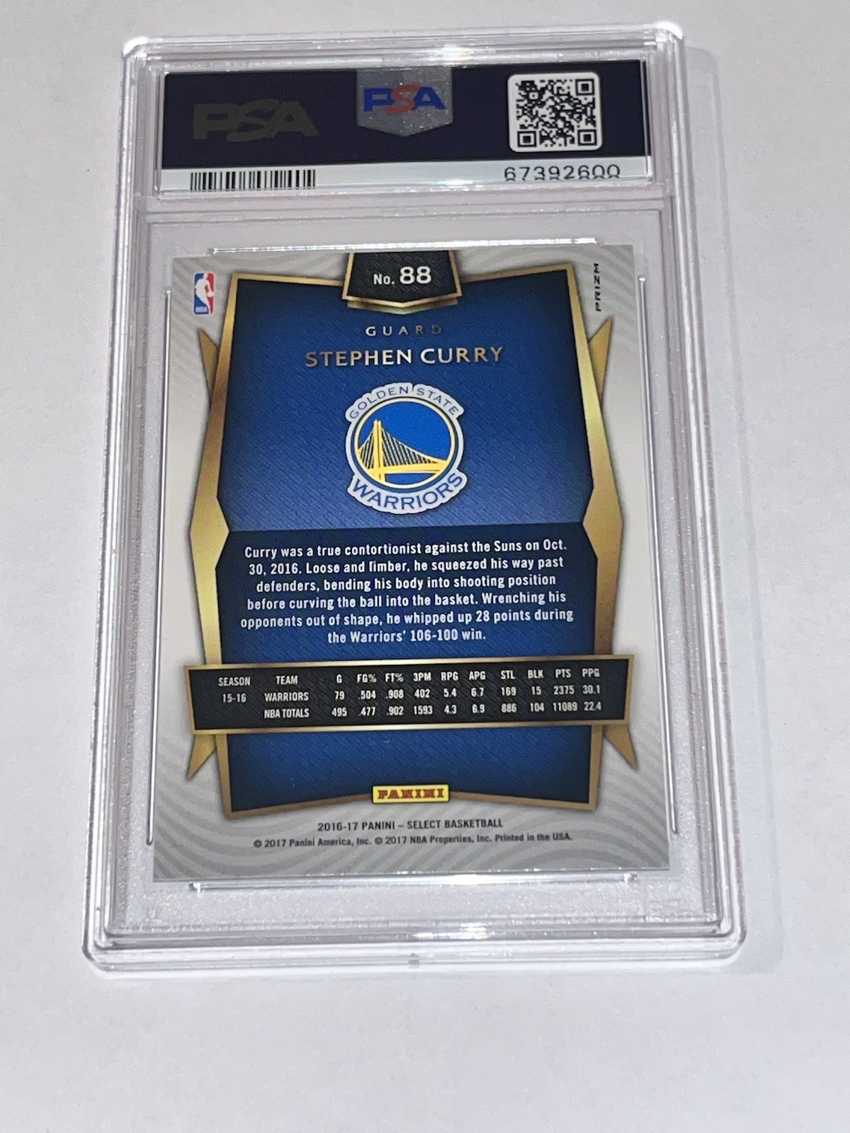2016-17 SELECT STEPHEN CURRY SILVER PRIZM #88 PSA 10 GEM MINT MVP WARRIORS view 2