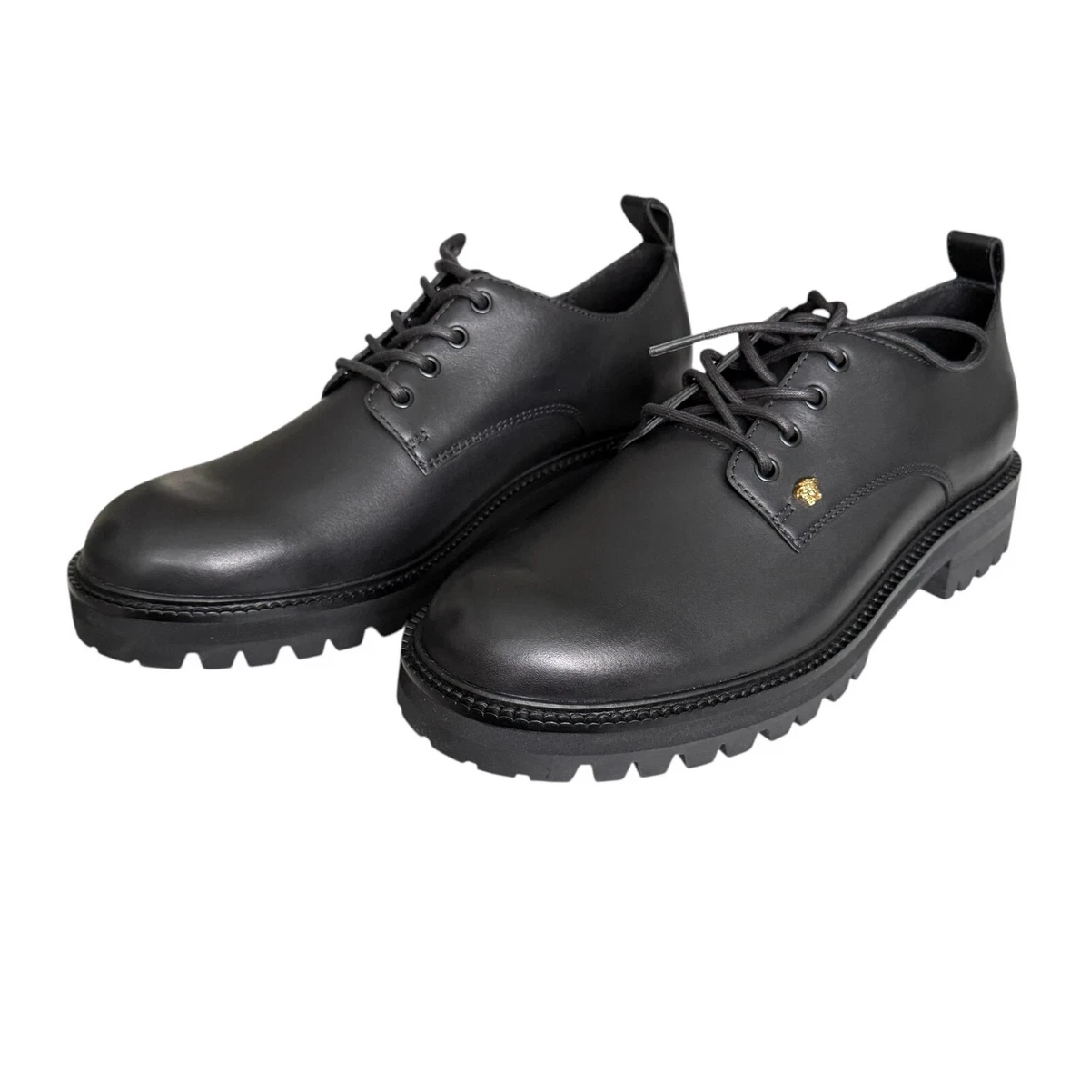 Zapatos Versace 1014646 para hombre negros 100 % cuero oro pequeño logotipo Medusa Derby