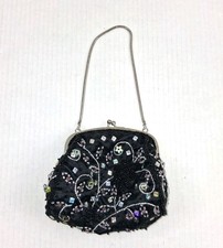 Vintage Lord Taylor Black Satin Multicolor Beaded Kisslock Evening Bag