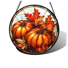 Stained Glass Window Hanging, Pumpkin Maple Leaf 9.8x9.8 IN Orange-red