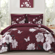 Floral King Size Comforter Set, 7 Pieces Burgundy Bed in a Bag, Elegant Floral B