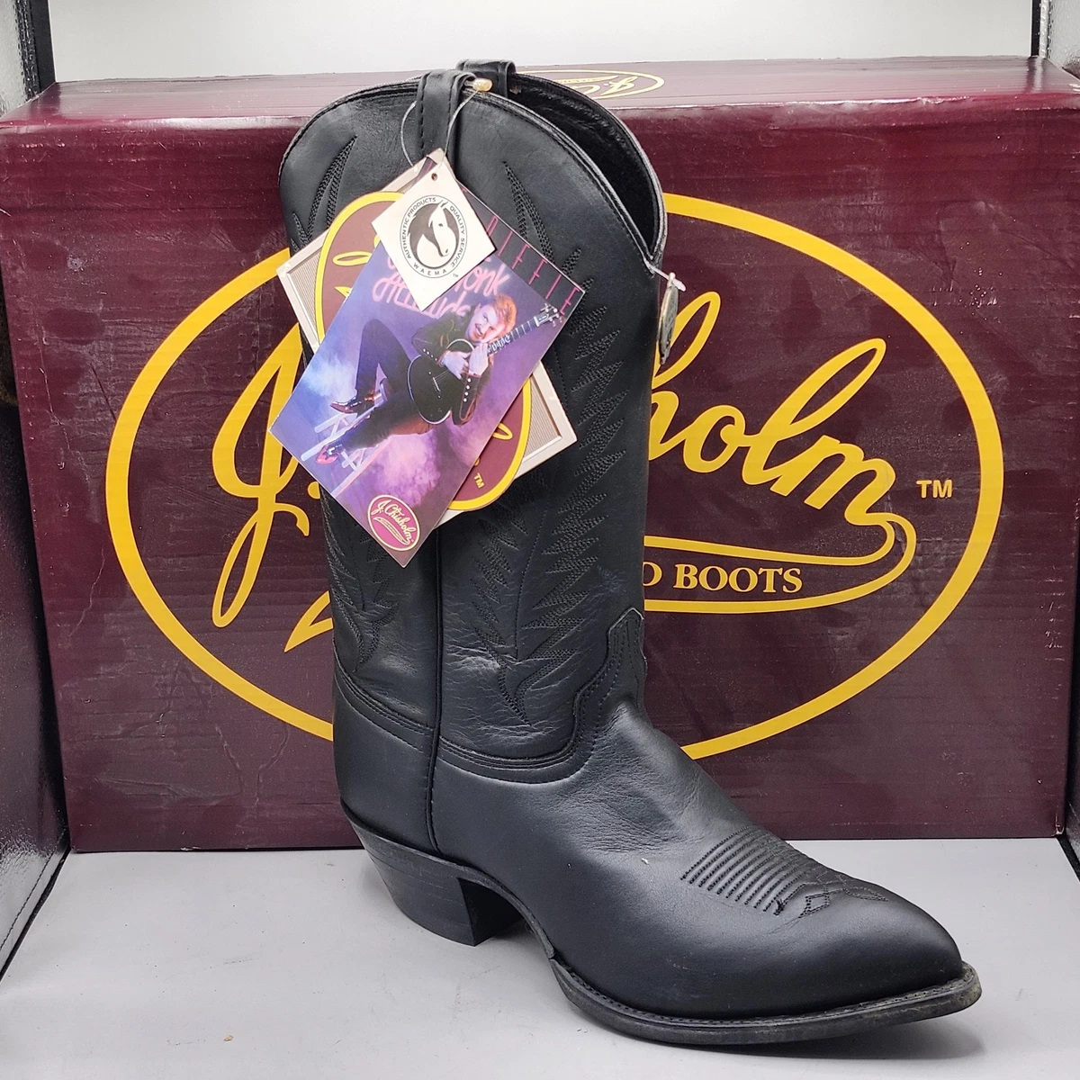 J CHISHOLM Mens Size 9.5 D Black Red Leather Cowboy Western Boots Vintage J. Chisholm Black Leather Cowboy Boots With Red  main image 2