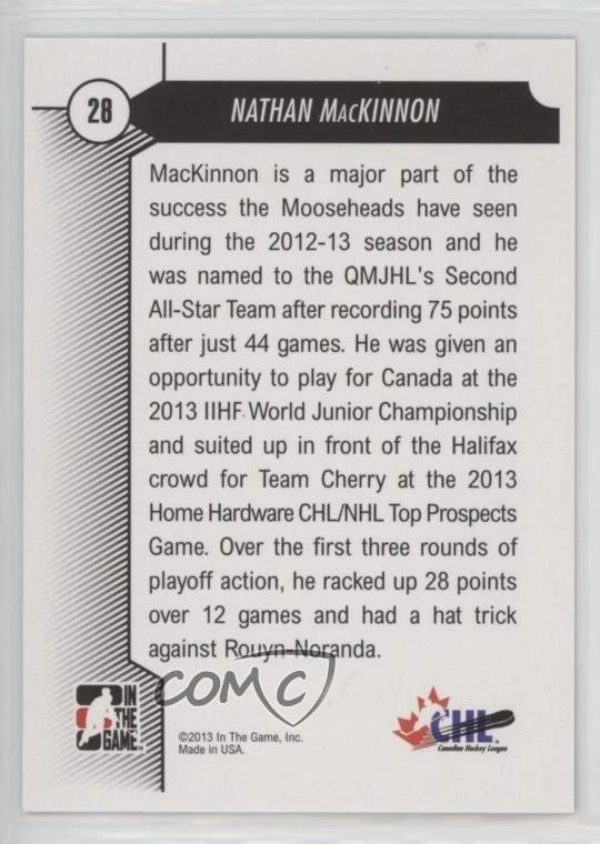 2013 ITG Draft Prospects Nathan MacKinnon #28 Rookie RC - Image 2 of 2