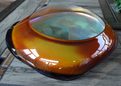 Signed 1994 Josh Simpson Studio Art Glass Tektite Lava Geode Iridescent Bowl